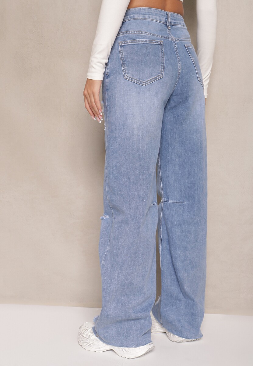Jasnoniebieskie Jeansy High Waist o Szerokim Kroju z Dziurami i Przetarciami Nalarieth