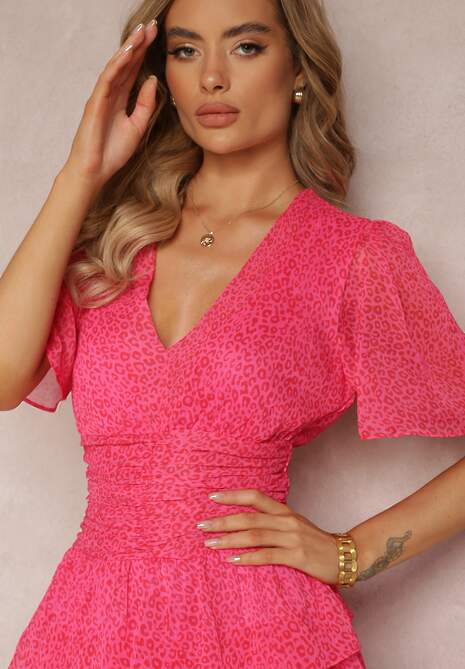 Różowa Sukienka Mini z Falbankami i Marszczeniem w Talii Kraisa