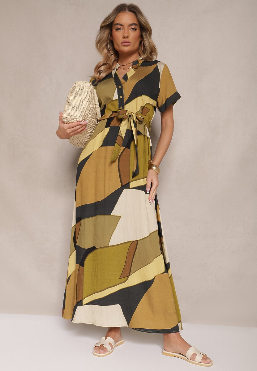 Zielona Wiskozowa Sukienka Koszulowa z Paskiem w Geometryczny Print Falintia