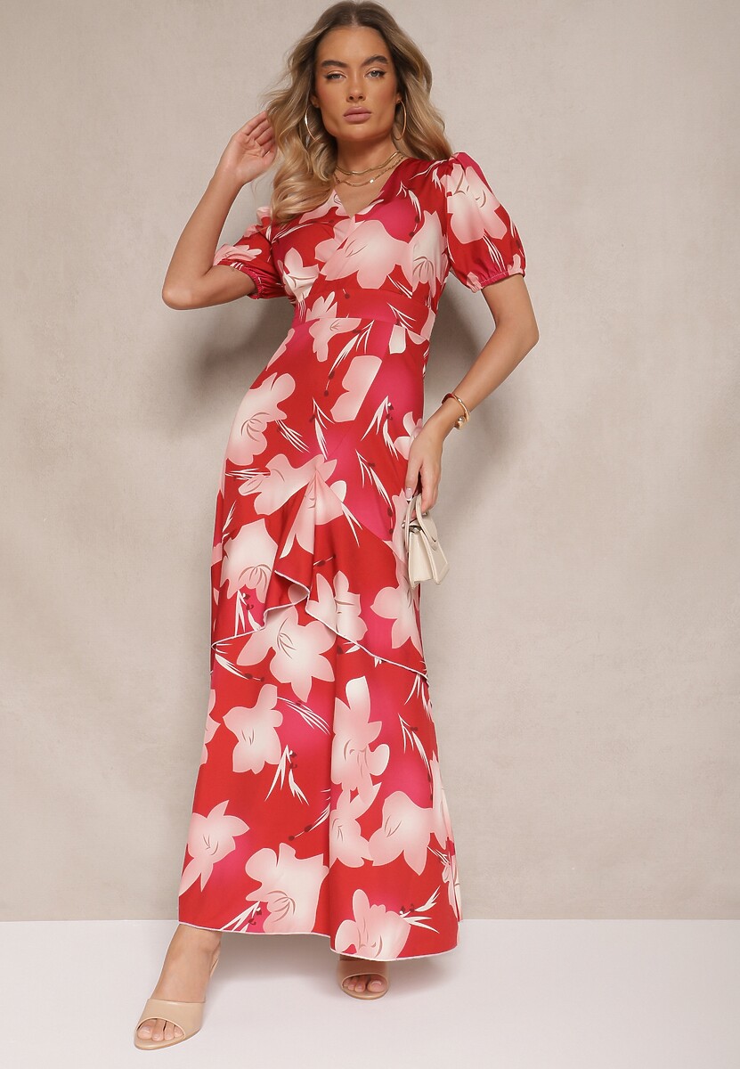 Jasnoszara Kopertowa Sukienka z Kwiatowym Wzorem i Falbanką Tdivona