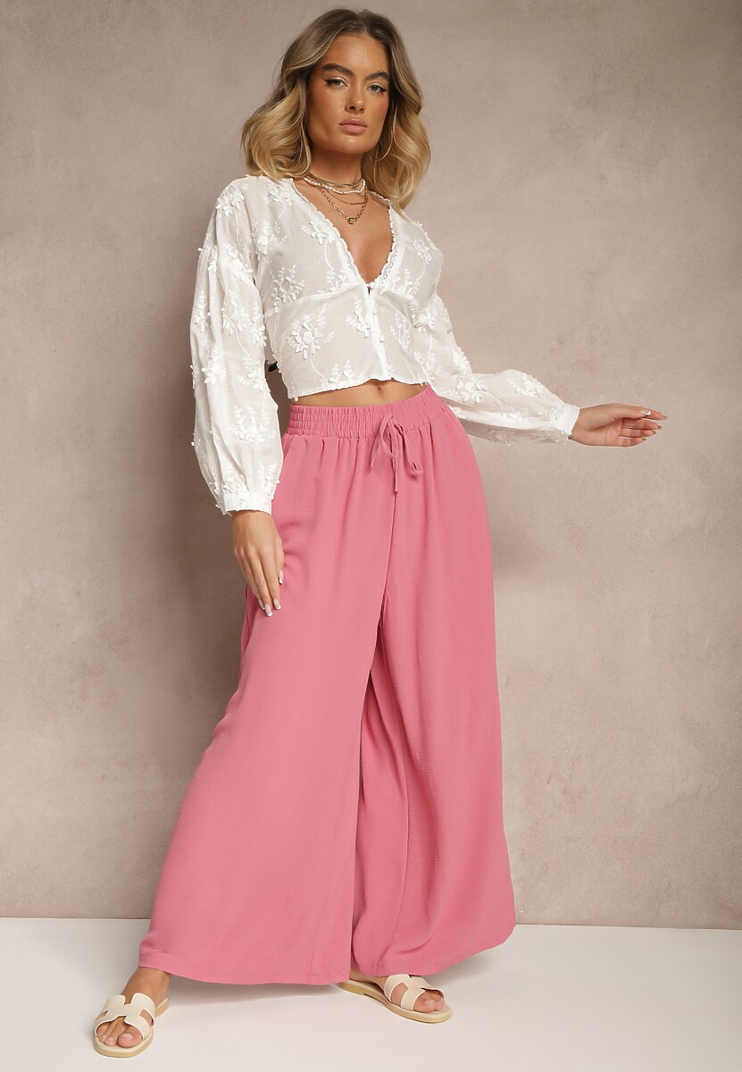 Różowe Spodnie Palazzo o Szerokim Kroju Ozdobione Sznurkiem Ularira