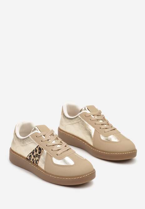Beżowo-Brązowe Sneakersy na Płaskiej Podeszwie Ozdobione Metalicznymi Elementami Nevlise