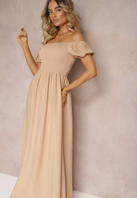 Beżowa Sukienka z Gumeczkami w Talii i Przy Dekolcie z Rozkloszowanym Dołem Anideta