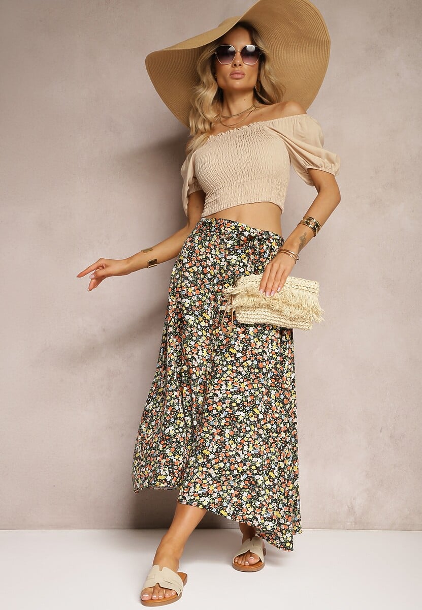 Granatowo-Żółta Wiskozowa Rozkloszowana Spódnica Zapinana na Guziki z Materiałowym Paskiem Oheva