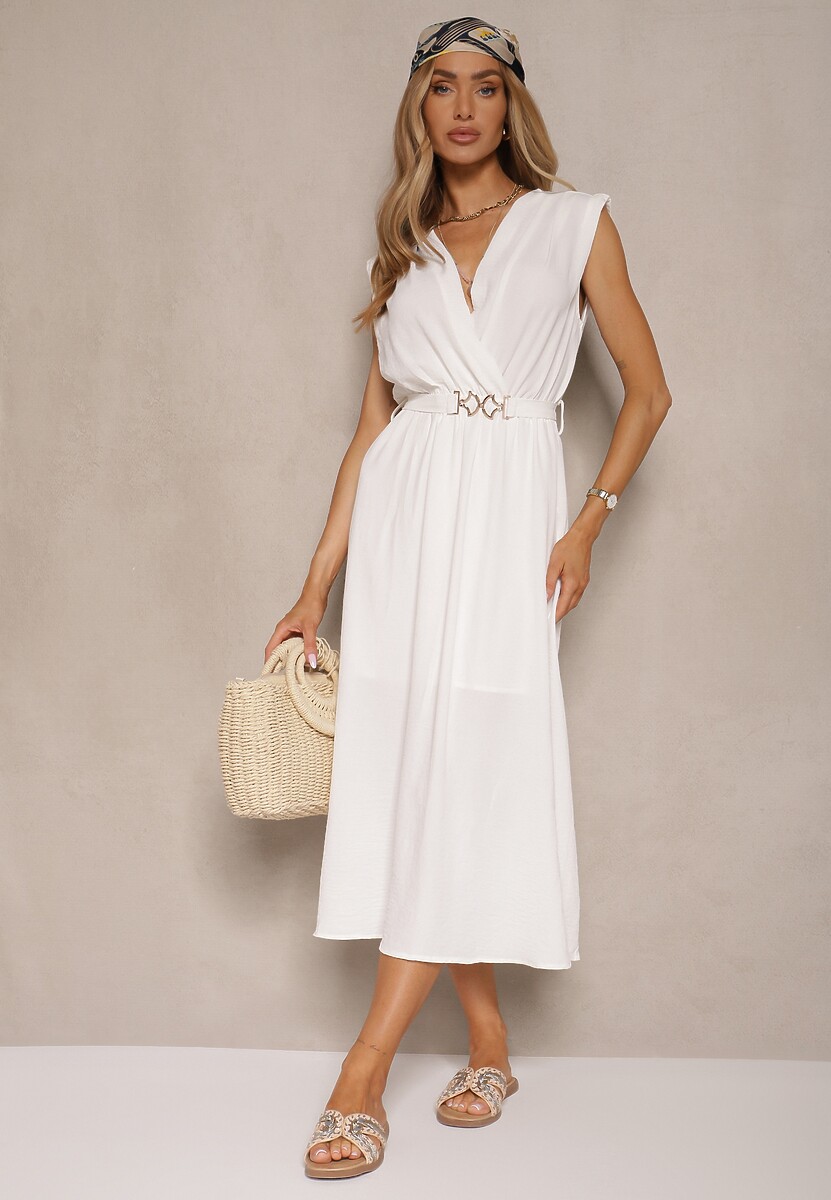 Biała Sukienka o Rozkloszowanym Kroju z Paskiem z Klamrą Meniros
