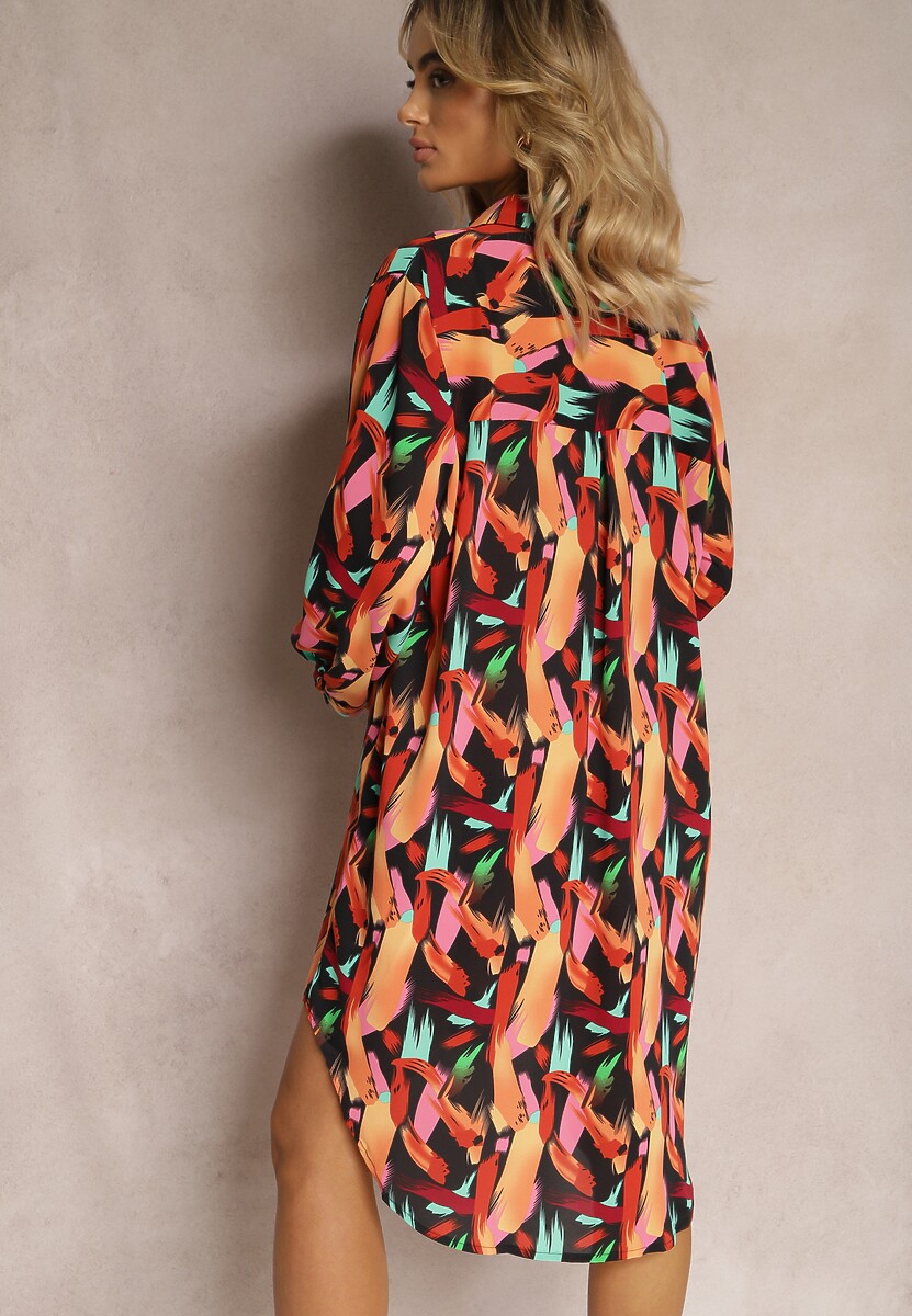 Czarno-Pomarańczowa Długa Koszula na Guziki z Geometrycznymi Wzorami Lakiria