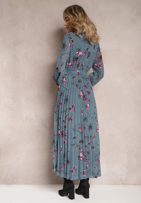 Granatowa Sukienka Plisowana w Kwiaty Emiranda