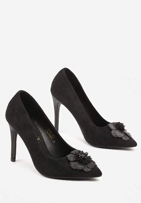 Czarne Szpilki Vices z Wkładką ze Skóry Naturalnej i Kwiatową Aplikacją z Cyrkoniami Retania