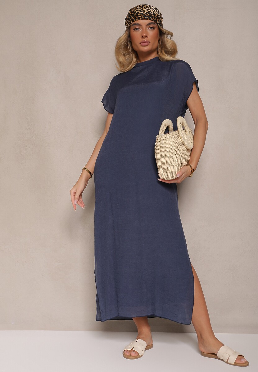 Niebieska Sukienka o Pudełkowym Kroju z Wiązaniem Napalea