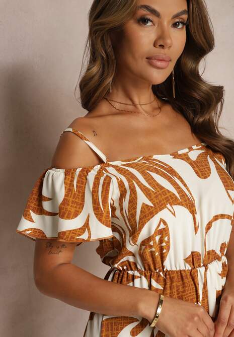 Brązowa Sukienka na Ramiączkach z Hiszpańskim Dekoltem i Gumką w Talii Nellondra