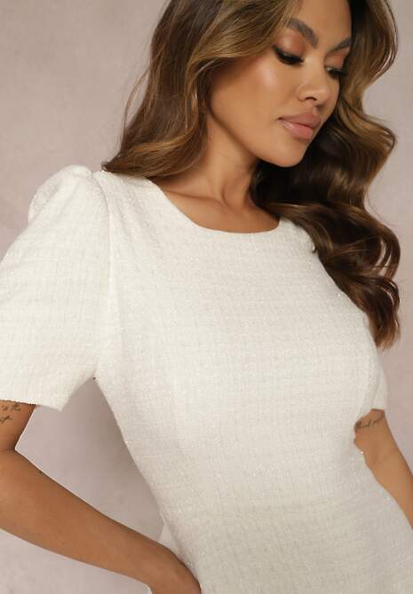 Biała Rozkloszowana Sukienka Mini z Lekko Bufiastymi Rękawkami Merridia