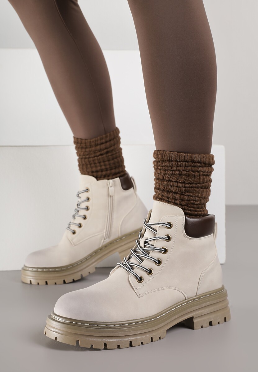 Beżowe Traperki z Ociepleniem i Sznurowaniem Almudena