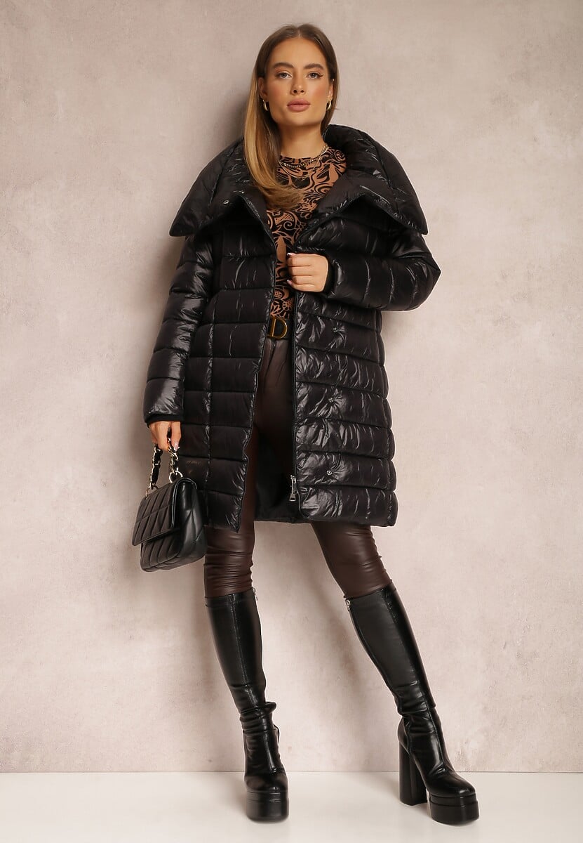 Czarna Kurtka z Szerokim Kołnierzem i Wiązanym Paskiem Proswetel