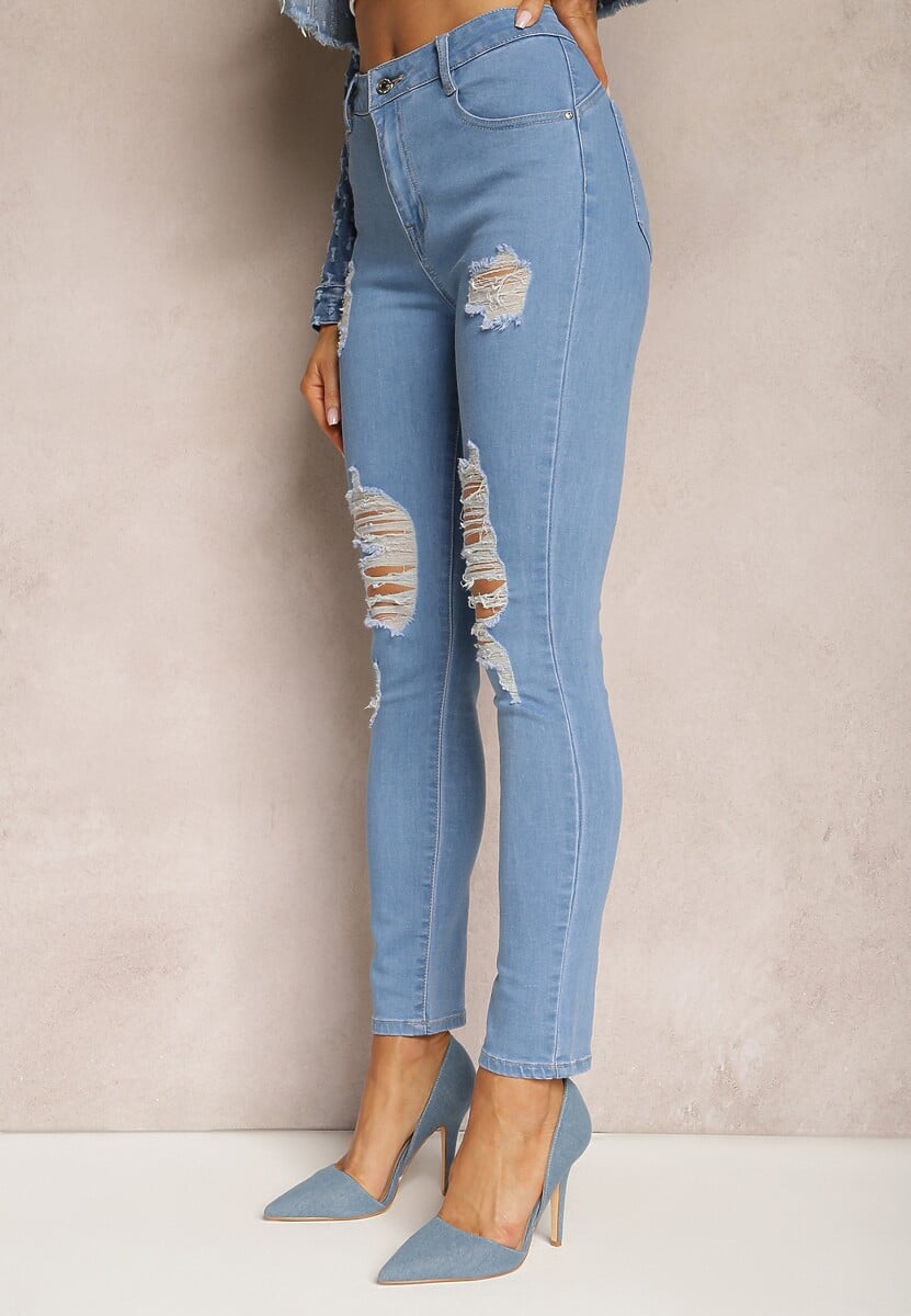 Niebieskie Jeansy Skinny Push-Up z Przetarciami z Przodu i Suwakiem Randda