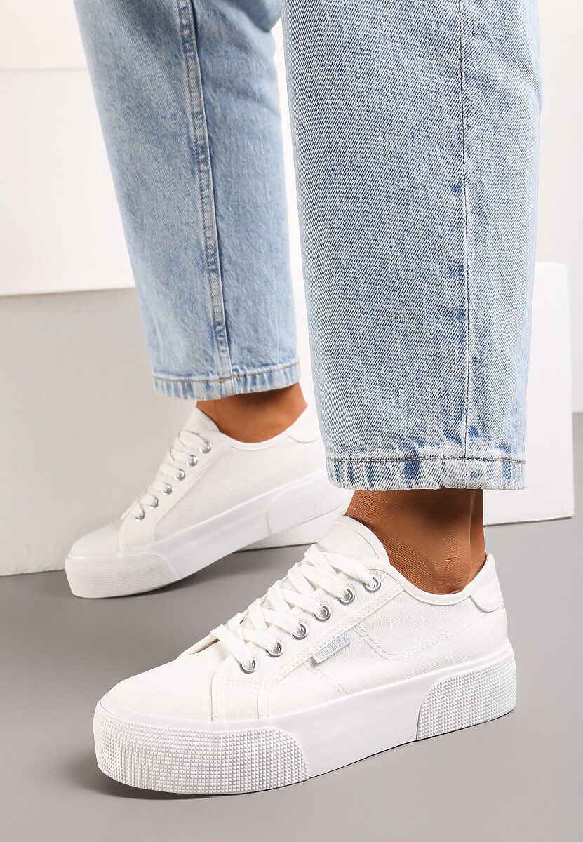 Białe Casualowe Trampki przed Kostkę na Platformie ze Sznurowaniem Reapita