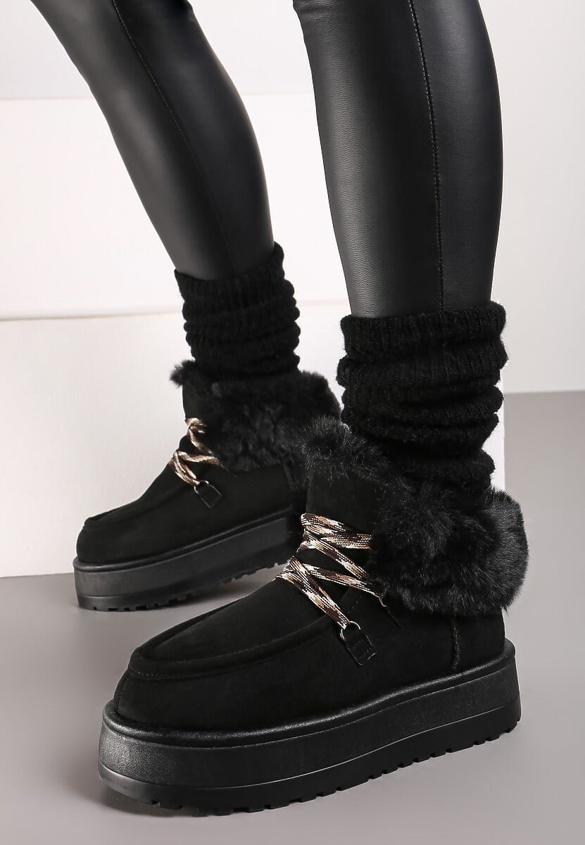 Czarne Futerkowe Śniegowce na Platformie ze Sznurowaniem Rienne