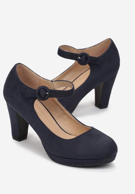 Granatowe Czółenka na Stożku z Paskiem wokół Kostki Jasla