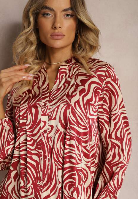 Bordowo-Beżowa Rozkloszowana Sukienka Mini w Koszulowym Stylu z Falbanką i Ozdobnym Wzorem Bevina