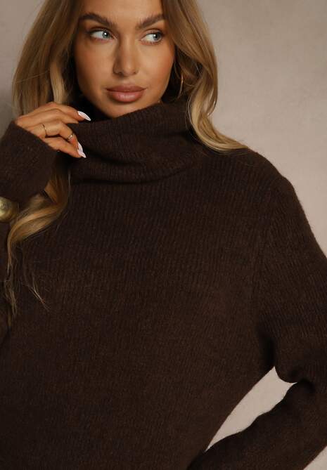 Brązowa Sweterkowa Sukienka Golf z Wełną i Wiskozą Fedorina