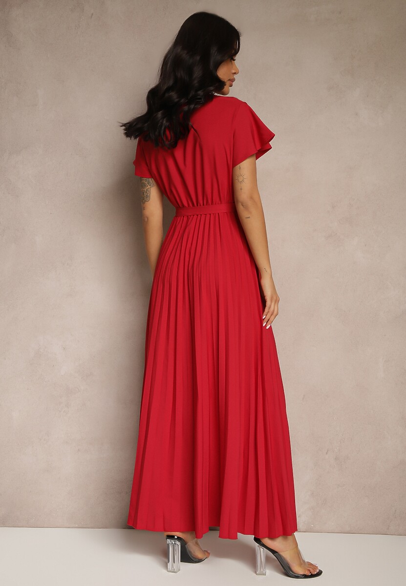 Bordowa Koktajlowa Maxi Sukienka Ozdobiona Plisami z Trójkątnym Dekoltem i Wiązaniem w Talii Phoelia