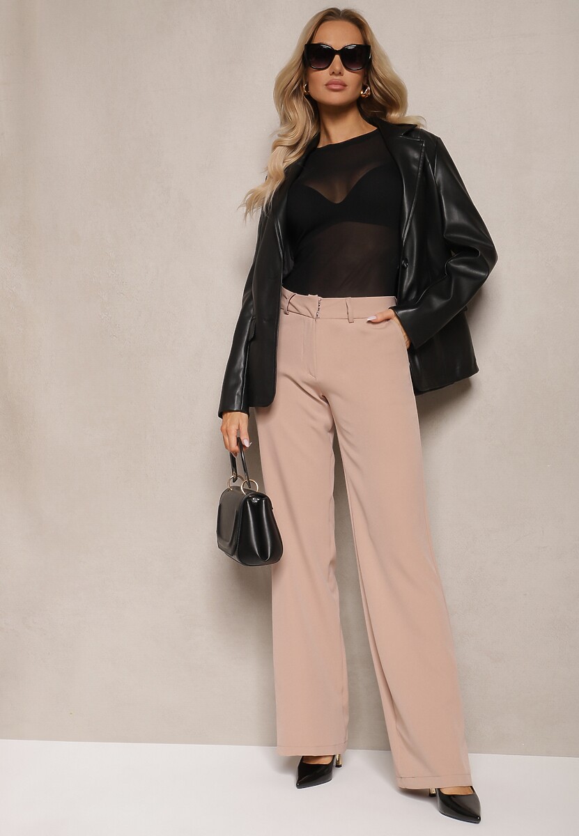 Beżowe Eleganckie Spodnie Garniturowe o Szerokim Kroju z Kieszeniami Zinolana