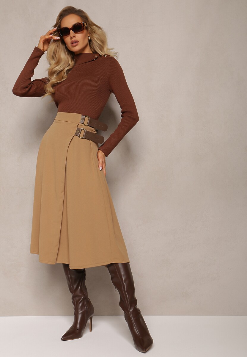 Beżowa Rozkloszowana Spódnica Midi z Gumką w Talii i Paskami z Imitacji Skóry Helemisia