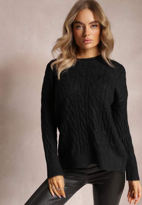 Czarny Sweter z Okrągłym Dekoltem i Splotem w Warkocze z Połyskiem Dawnitta