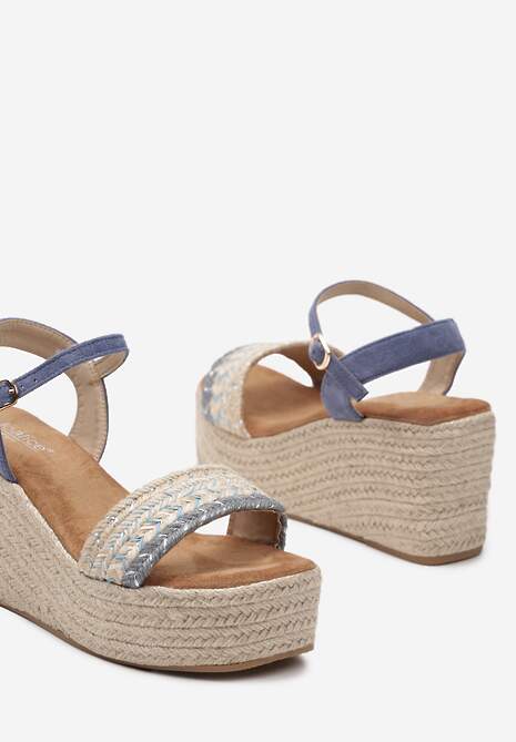 Niebieskie Sandały na Koturnie w Stylu Boho Zapinane na Sprzączkę Elines
