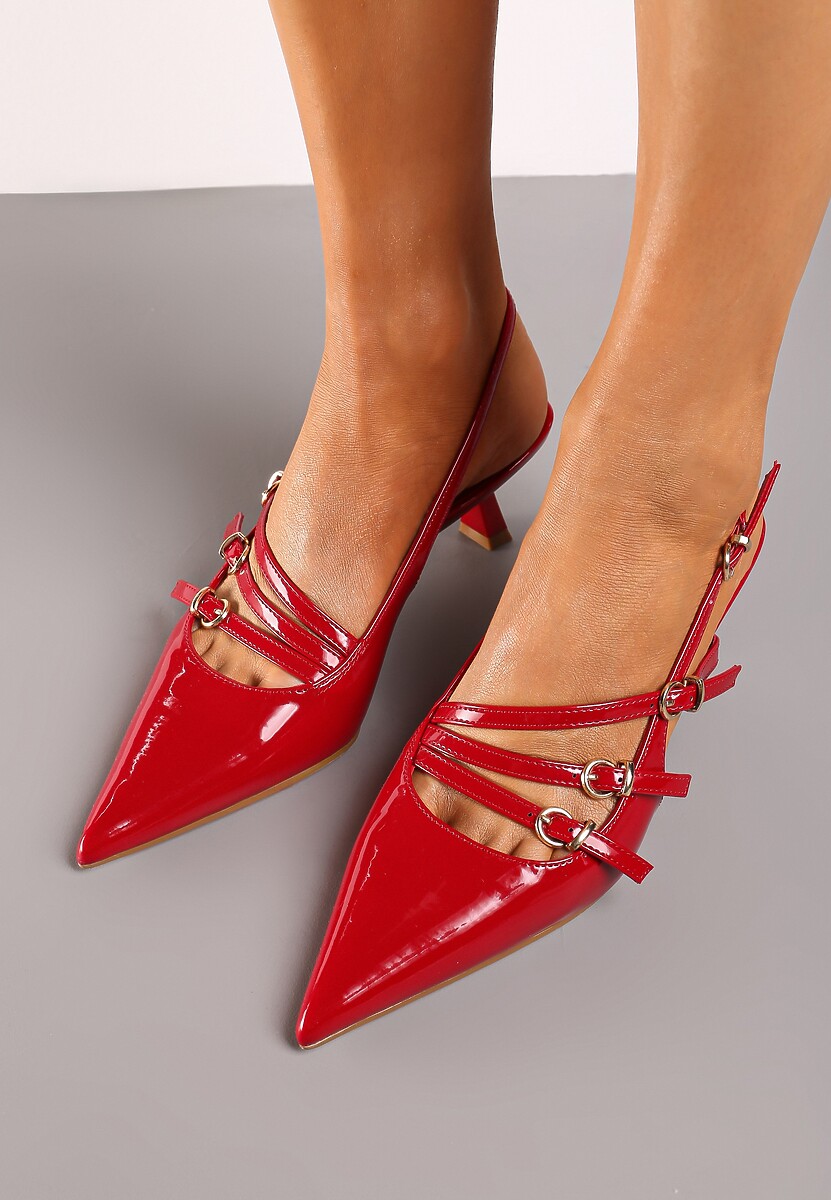 Bordowe Czółenka Lakierowane Kaczuszki Bez Pięty Ozdobione Paskami ze Sprzączkami Arforia