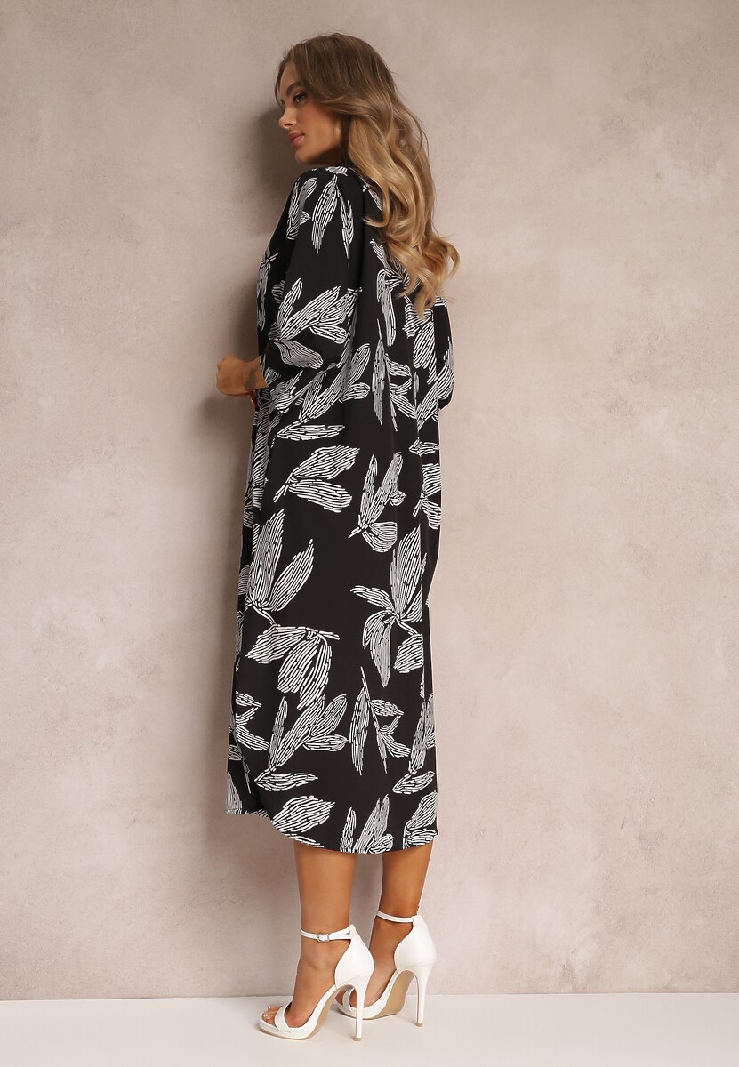 Czarna Sukienka Koszulowa w Kwiaty Siois