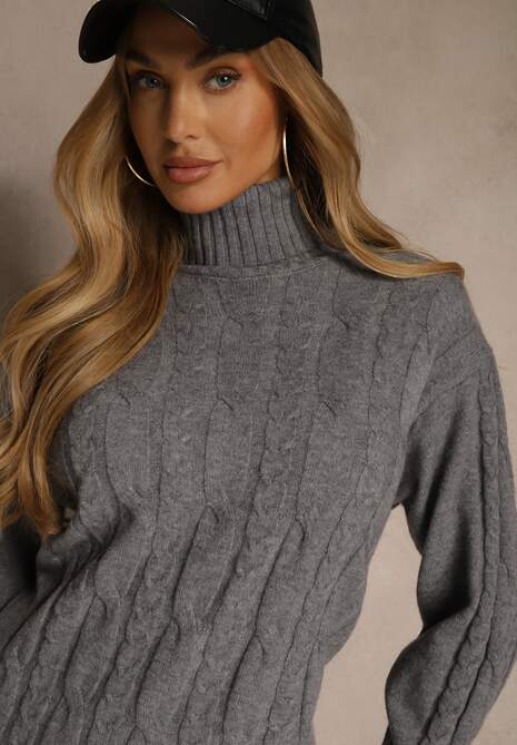 Szara Sukienka Sweterkowa z Golfem Wełną  Bawełną i Ozdobnym Splotem Reilenea