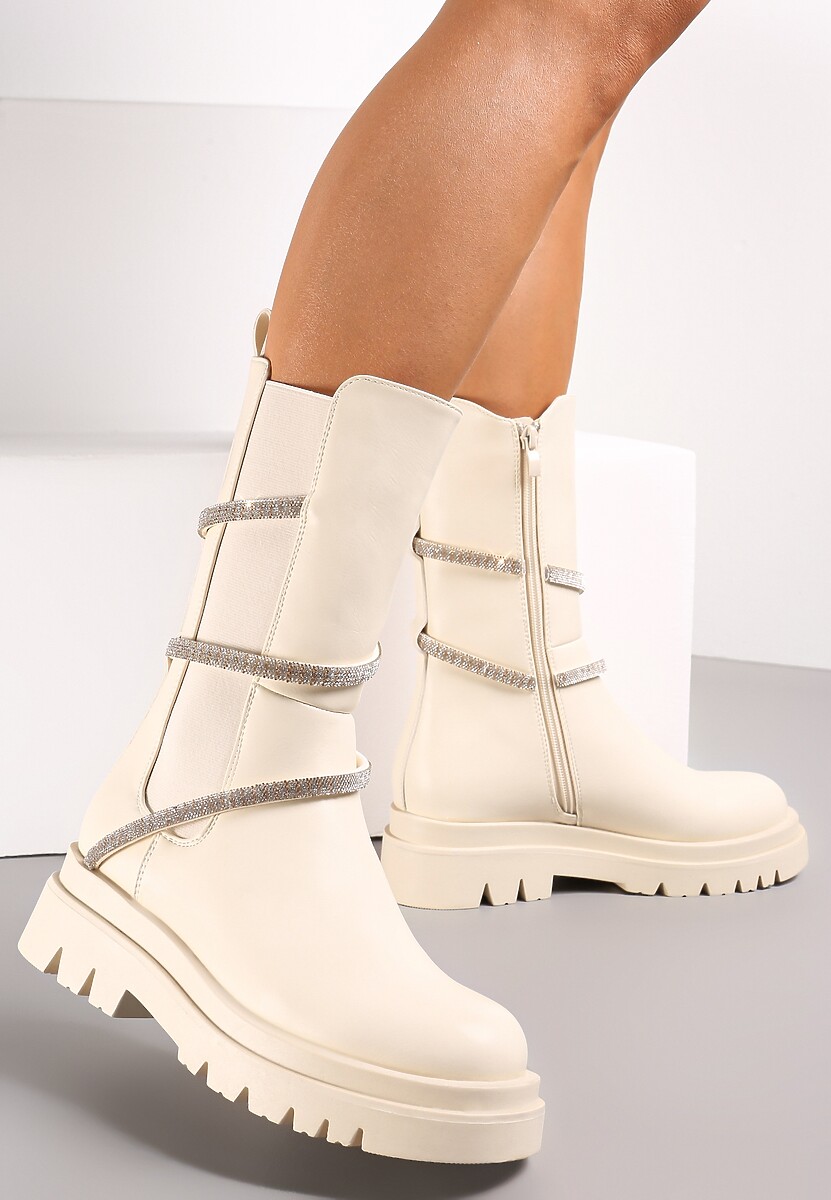 Beżowe Botki Sztyblety do Połowy Łydki  z Ozdobnym Paskiem z Cyrkoniami  Besiva