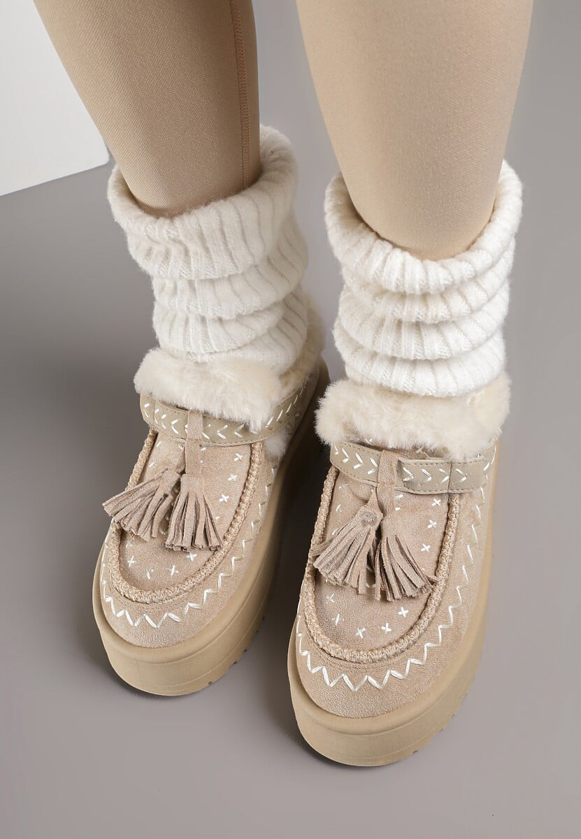 Beżowe Śniegowce na Platformie Ozdobione Haftem i Frędzlami  Linomis