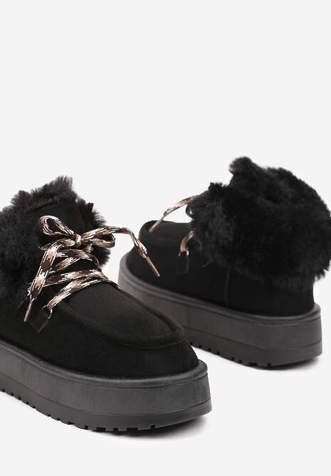 Czarne Sznurowane Śniegowce na Platformie Ocieplone Futerkiem Liatheine