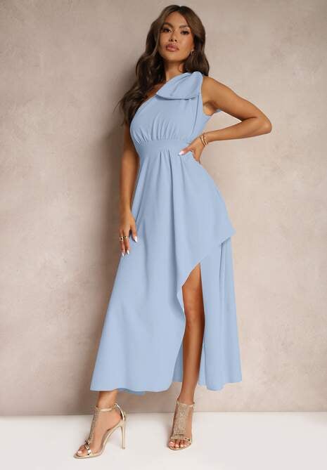 Jasnoniebieska Sukienka Koktajlowa o Asymetrycznym Kroju na Jedno Ramię Ozdobiona Kokardą Vimorissa