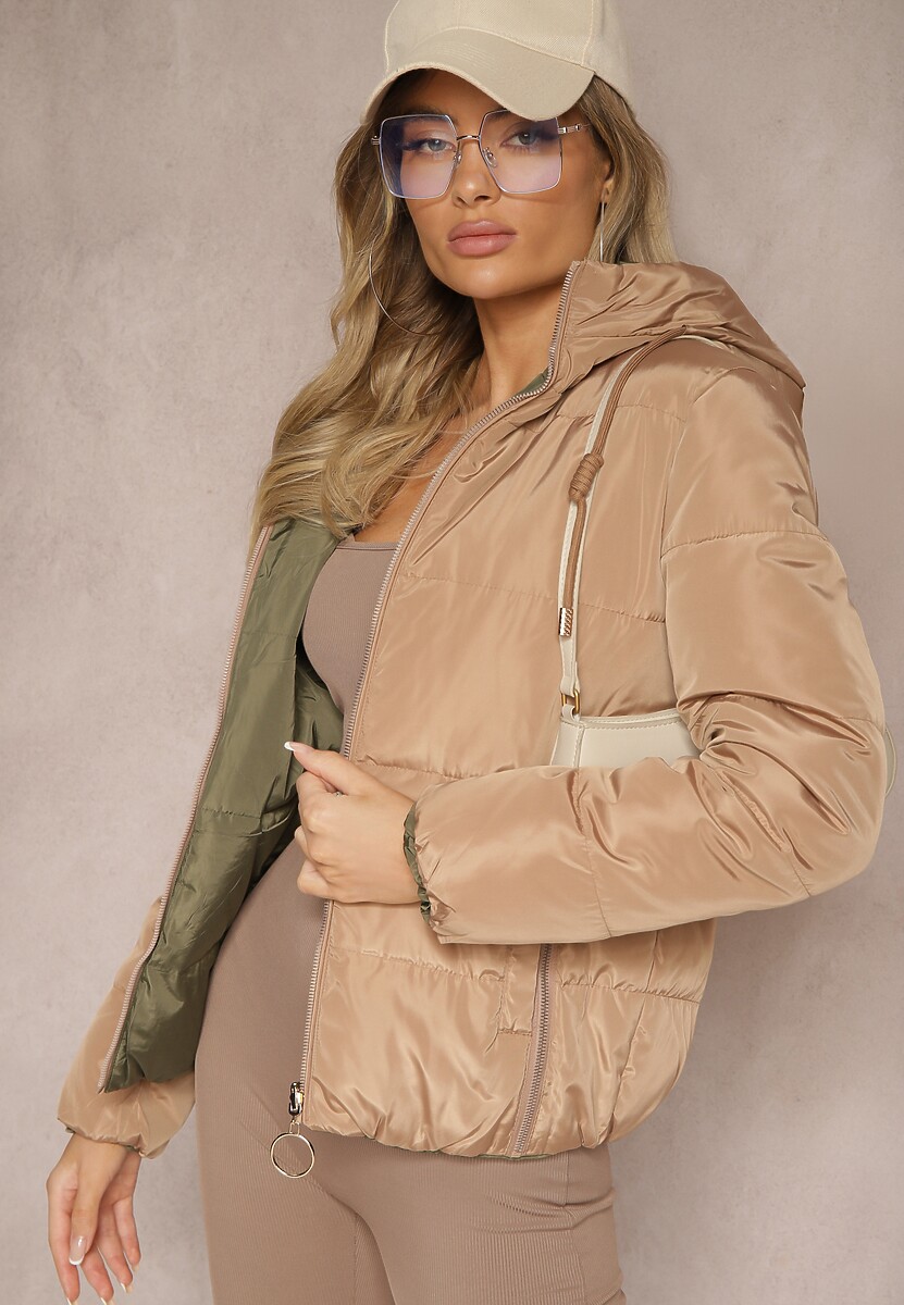 Czarno-Zielona Pikowana Kurtka Dwustronna z Kapturem Ozdobiona Suwakami Nevetila