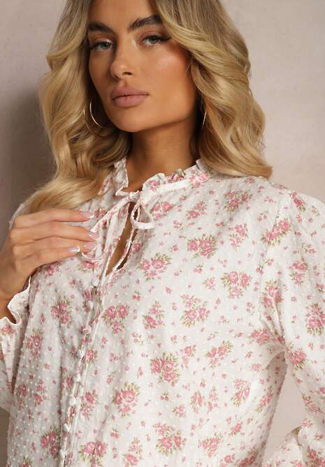 Biało-Różowa Koszula z Bawełny Wiązana pod Szyja w Kwiatowy Print Hettena