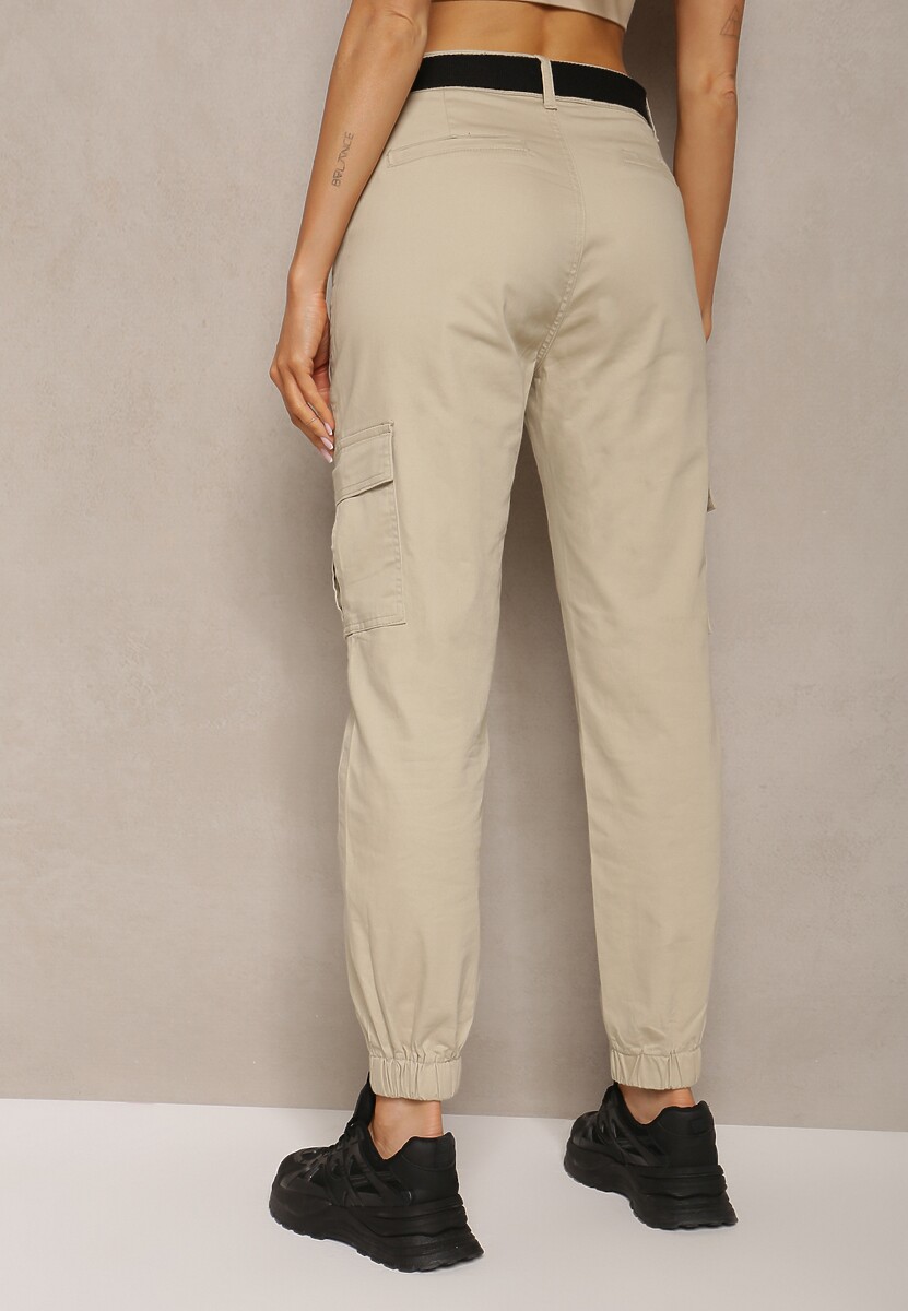 Beżowe Spodnie High Waist z Bawełny o Kroju Bojówek z Gumką na Nogawkach i PaskiemCitia