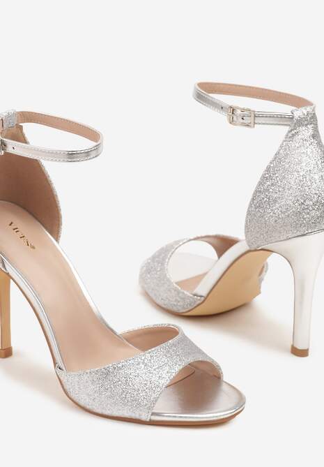 Srebrne Brokatowe Sandały Vices na Szpilce z Okrągłym Noskiem Katoria