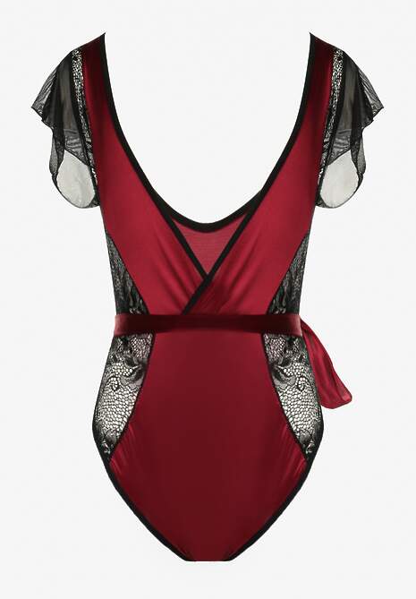 Bordowe Satynowe Body z Koronką i Paskiem w Talii Lierie