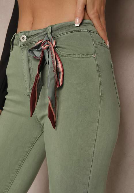 Ciemnozielone Spodnie Skinny z Wysokim Stanem i Ozdobną Chustką Hyadia