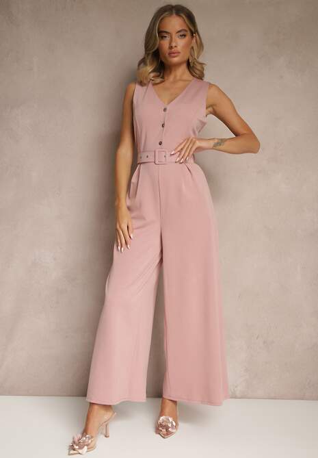 Różowy Kombinezon o Taliowanym Kroju z Wiskozą i Paskiem Raliorea
