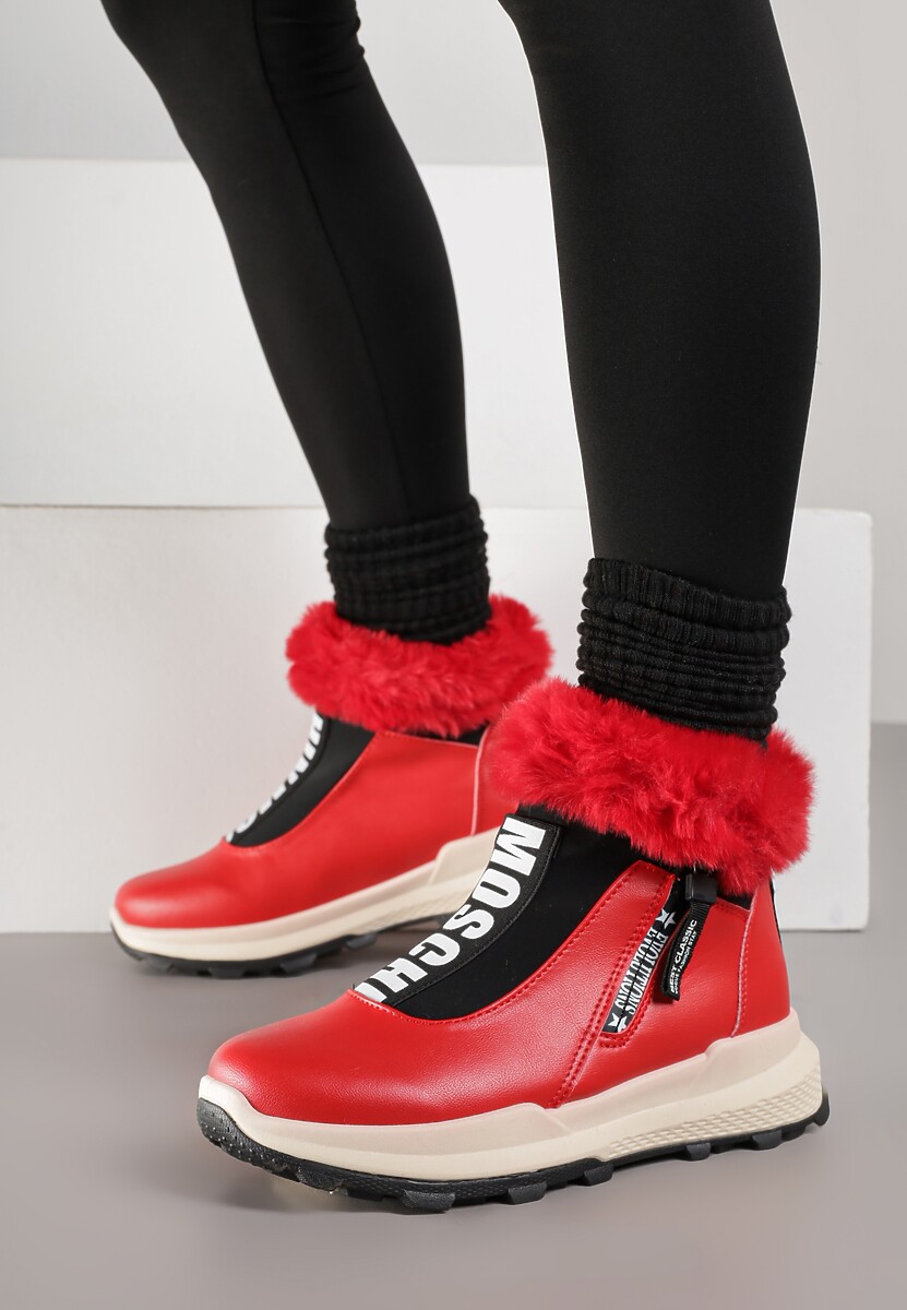 Czerwone Śniegowce za Kostkę z Nadrukiem i Futerkiem Glemenia