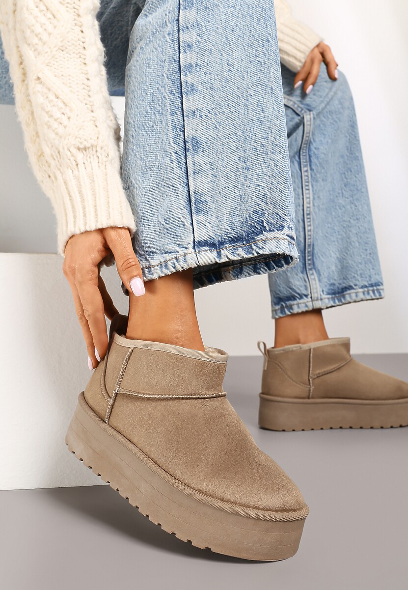 Ciemnobeżowe Wsuwane Śniegowce na Gładkiej Platformie Merileeanne