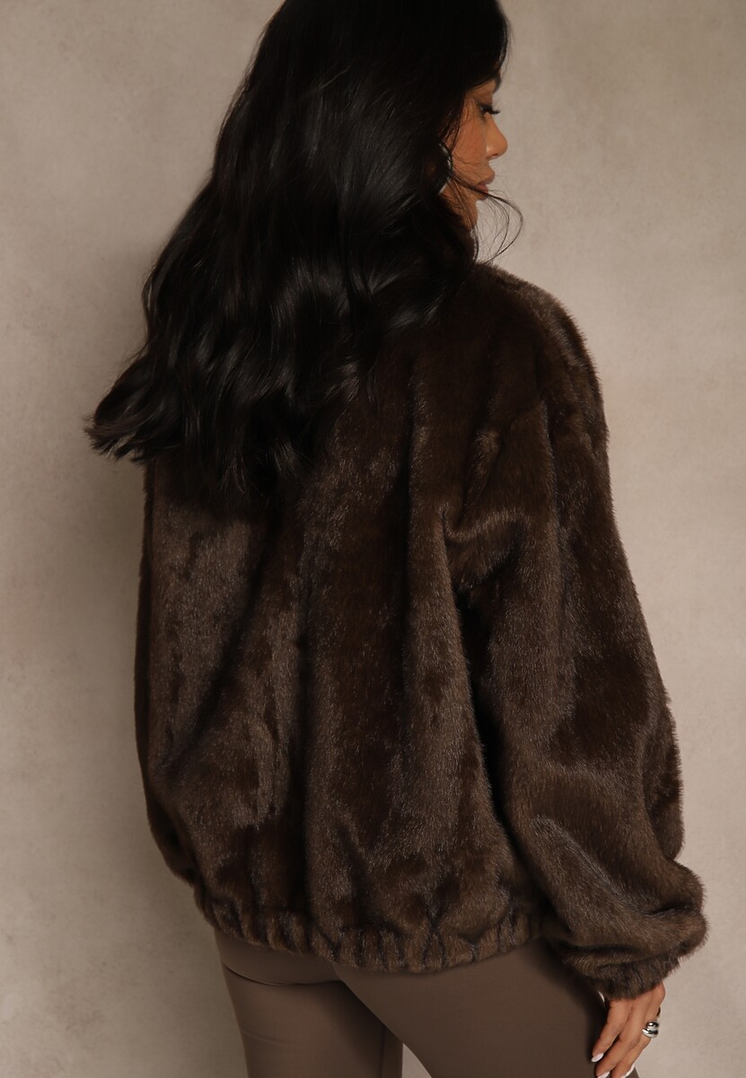 Brązowa Futrzana Kurtka Bomberka z Kieszeniami Tiwedela