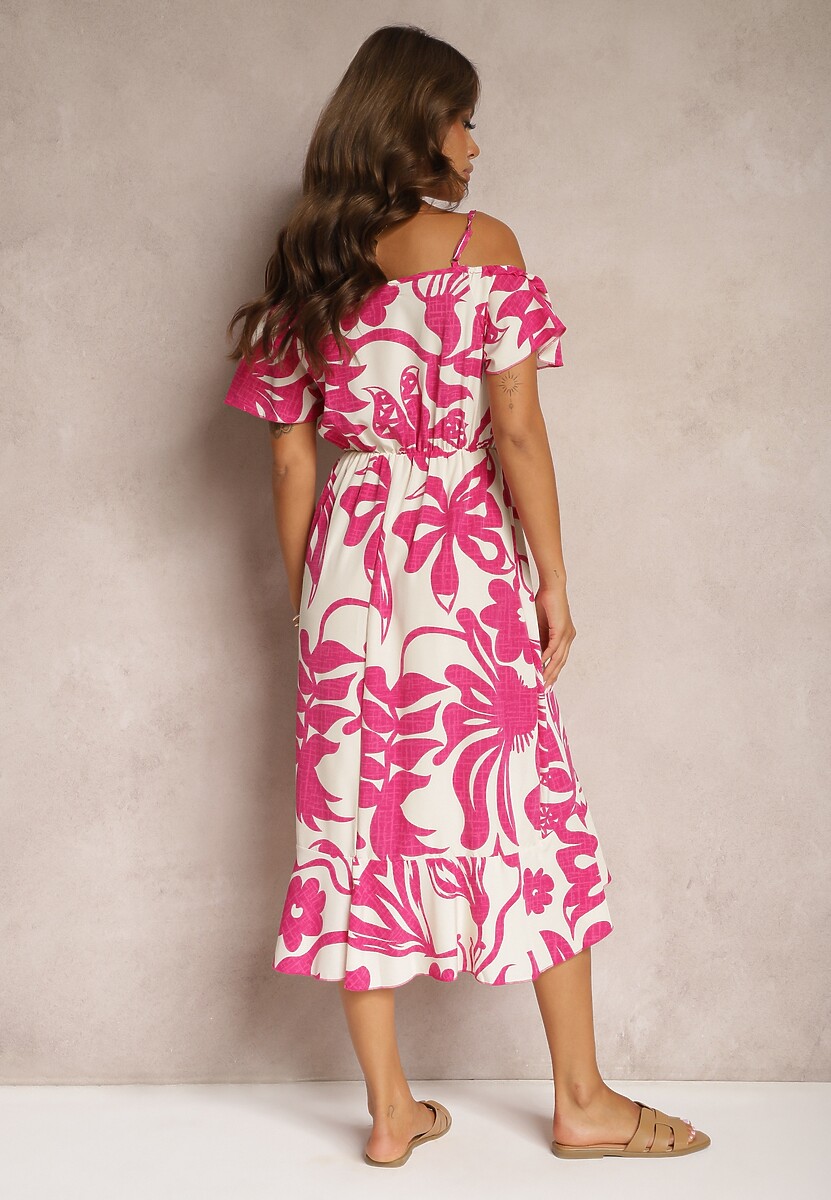 Różowa Sukienka na Ramiączkach z Hiszpańskim Dekoltem i Gumką w Talii Nellondra