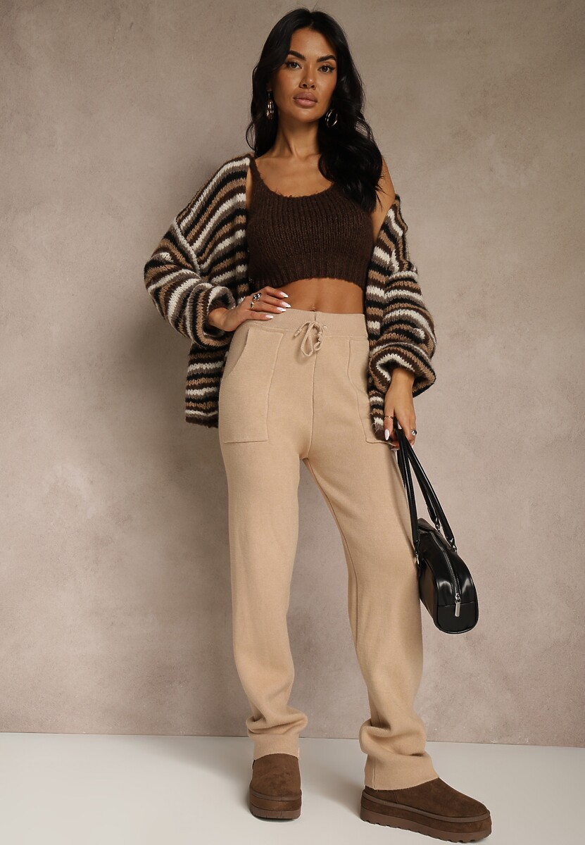 Ciemnobeżowe Spodnie z Wełną ze Sznurkiem i Ozdobnymi Kieszeniami Moneressa