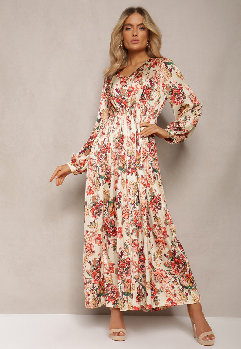 Beżowo-Różowa Rozkloszowana Sukienka Długa z Plisami w Kwiatowy Print Toada