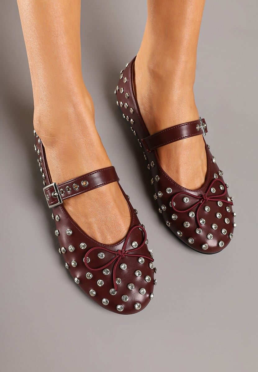 Bordowe Balerinki z Ozdobnymi Nitami i Kokardą Ridiante