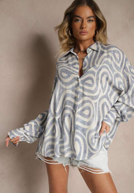 Niebiesko-Biała Wiskozowa Koszula o Klasycznym Kroju Zdobiona Abstrakcyjnym Printem Rediraela